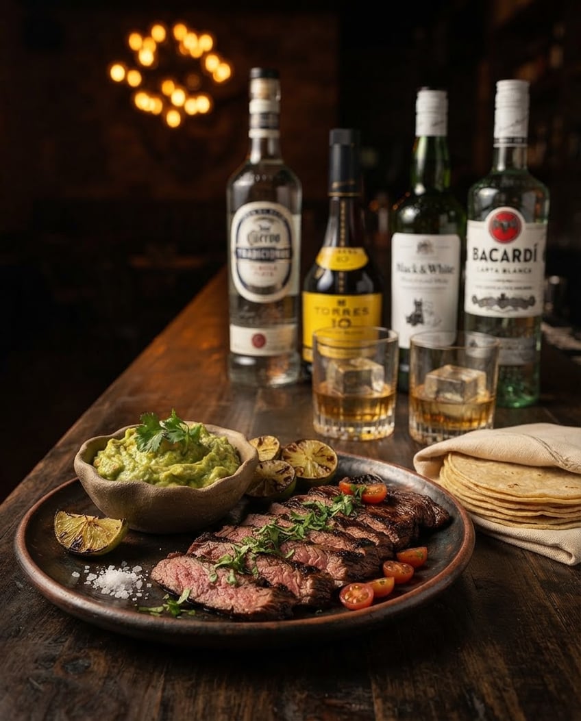 Arrachera con guacamole y botellas de Tradicional Plata, Torres 10, Black & White y Bacardí