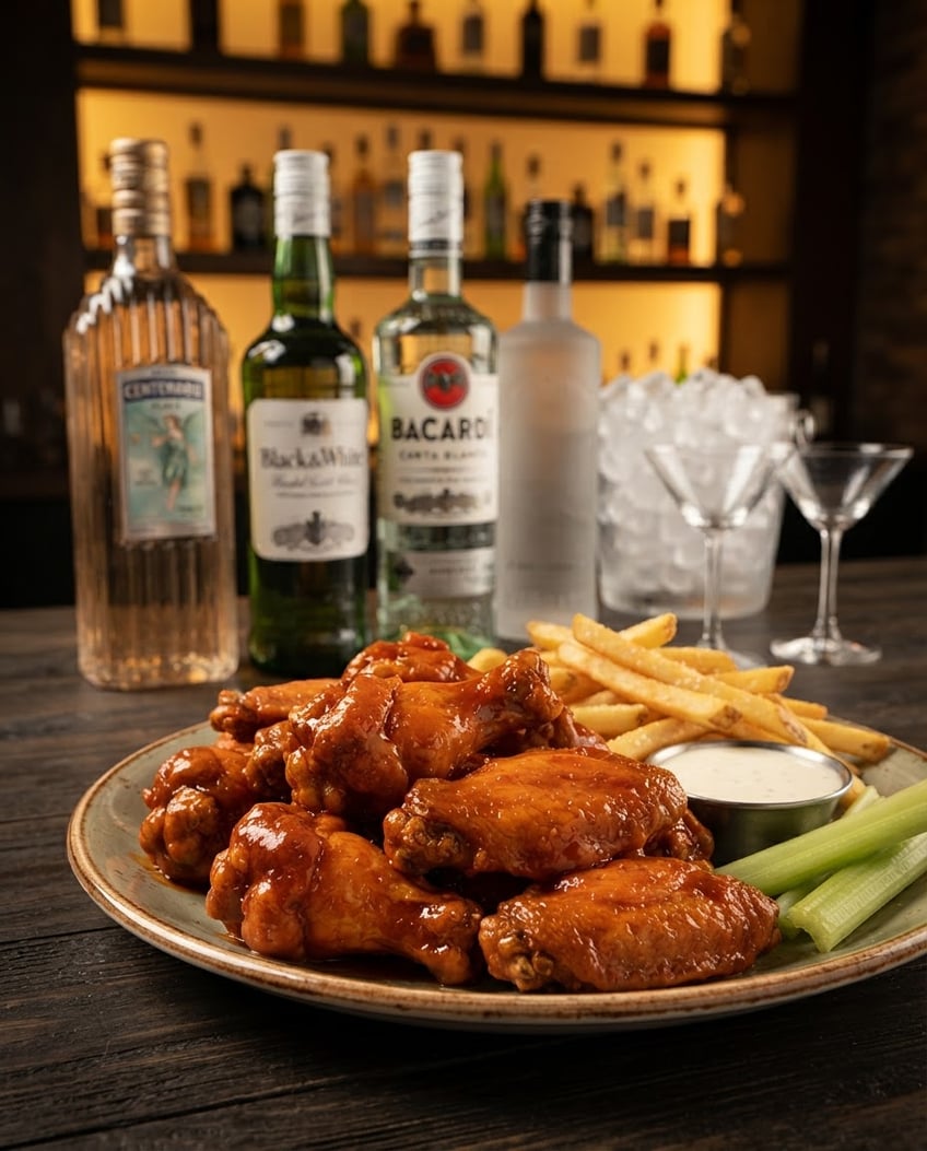 Alitas con papas y botellas de Centenario, Black & White y Bacardí